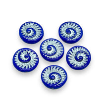 Load image into Gallery viewer, Czech glass ammonite fossil seashell shell beads 6pc blue silver 19mm
