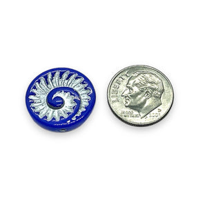 Czech glass ammonite fossil seashell shell beads 6pc blue silver 19mm