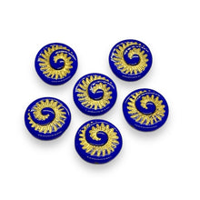 Load image into Gallery viewer, Czech glass ammonite fossil seashell shell beads 6pc blue gold 19mm
