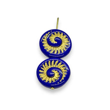Load image into Gallery viewer, Czech glass ammonite fossil seashell shell beads 6pc blue gold 19mm
