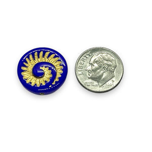 Czech glass ammonite fossil seashell shell beads 6pc blue gold 19mm