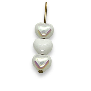 Czech glass tiny heart beads 50pc opaque white AB 6mm