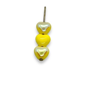 Czech glass tiny heart beads 50pc opaque yellow AB 6mm