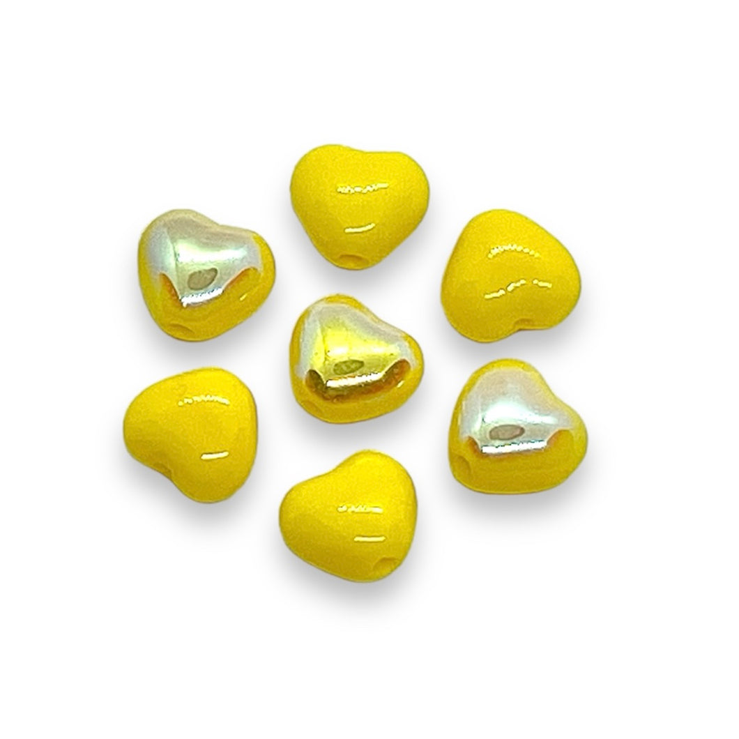Czech glass tiny heart beads 50pc opaque yellow AB 6mm