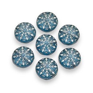 Czech glass snowflake coin beads 10pc frosted blue silver 12mm #1
