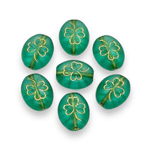 Load image into Gallery viewer, Czech glass oval St Patrick&#39;s Irish shamrock clover beads 25pc frosted teal gold 10x8mm

