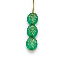 Load image into Gallery viewer, Czech glass oval St Patrick&#39;s Irish shamrock clover beads 25pc frosted teal gold 10x8mm
