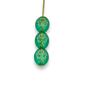 Czech glass oval St Patrick's Irish shamrock clover beads 25pc frosted teal gold 10x8mm