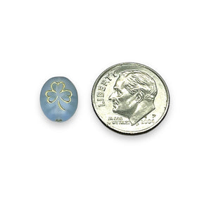 Czech glass oval St Patrick's Irish shamrock clover beads 25pc frosted blue gold 10x8mm