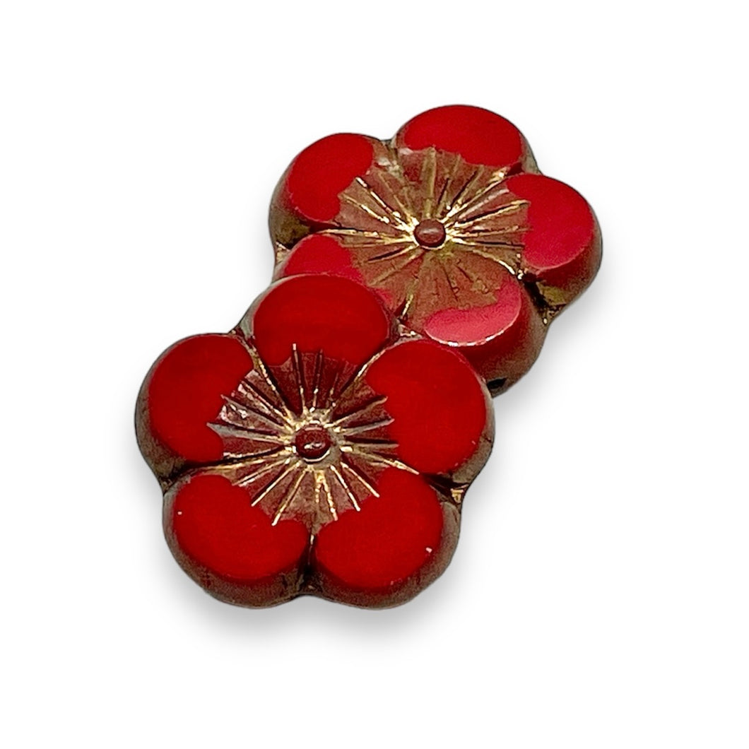 Czech glass XL table cut hibiscus flower beads 4pc red bronze 21mm