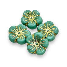 Load image into Gallery viewer, Czech glass XL hibiscus flower focal beads 4pc turquoise gold 21mm
