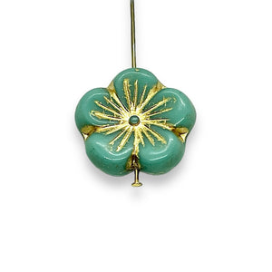 Czech glass XL hibiscus flower focal beads 4pc turquoise gold 21mm