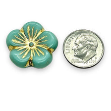 Load image into Gallery viewer, Czech glass XL hibiscus flower focal beads 4pc turquoise gold 21mm
