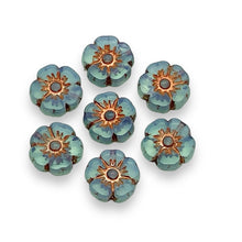 Load image into Gallery viewer, Czech glass table cut hibiscus flower beads 16pc blue opaline copper 9mm
