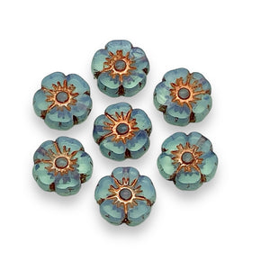 Czech glass table cut hibiscus flower beads 16pc blue opaline copper 9mm