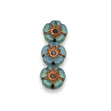 Load image into Gallery viewer, Czech glass table cut hibiscus flower beads 16pc blue opaline copper 9mm
