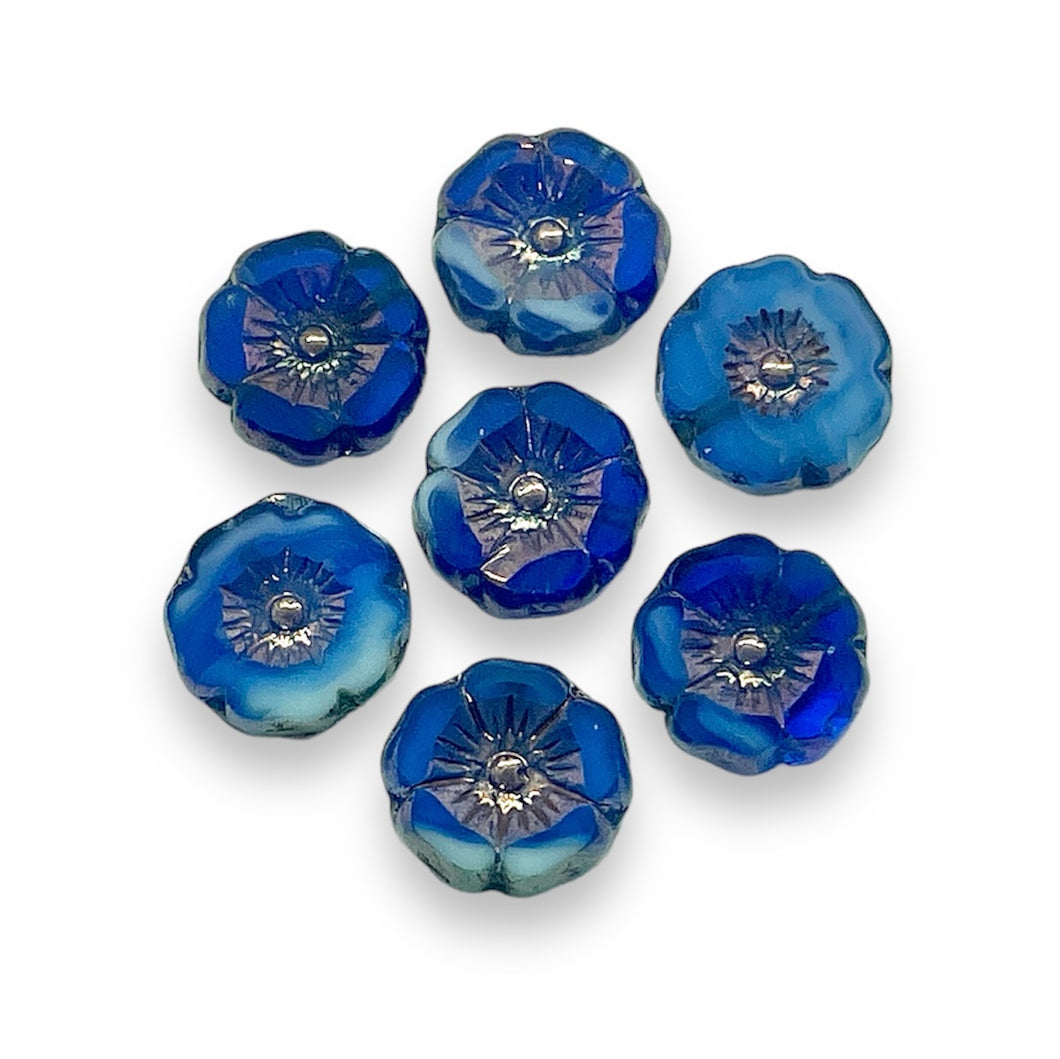 Czech glass hibiscus flower beads 12pc ocean blue bronze 12mm