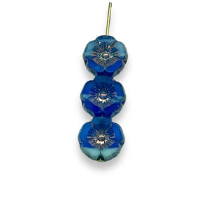 Czech glass hibiscus flower beads 12pc ocean blue bronze 12mm