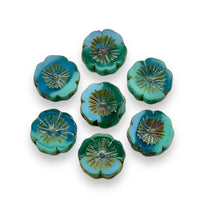 Load image into Gallery viewer, Czech glass table cut hibiscus flower beads 10pc teal blue picasso 14mm
