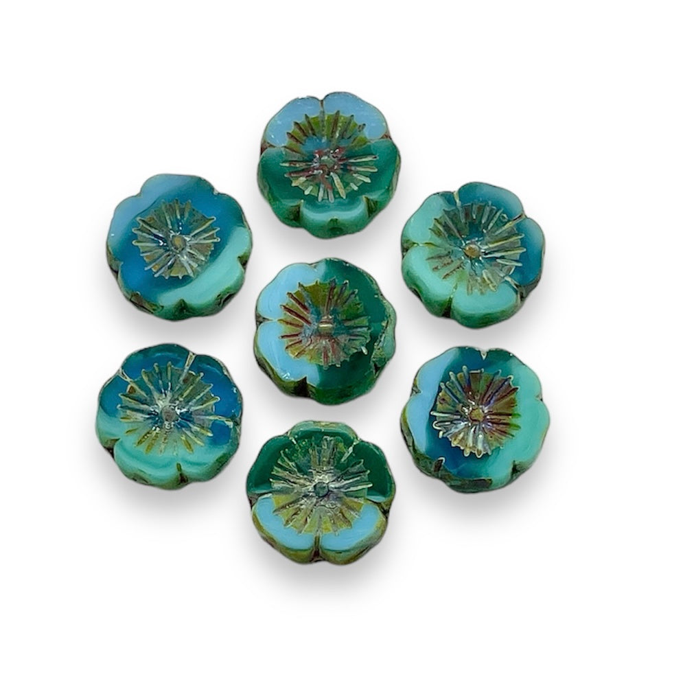 Czech glass table cut hibiscus flower beads 10pc teal blue picasso 14mm