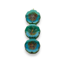 Load image into Gallery viewer, Czech glass table cut hibiscus flower beads 10pc teal blue picasso 14mm
