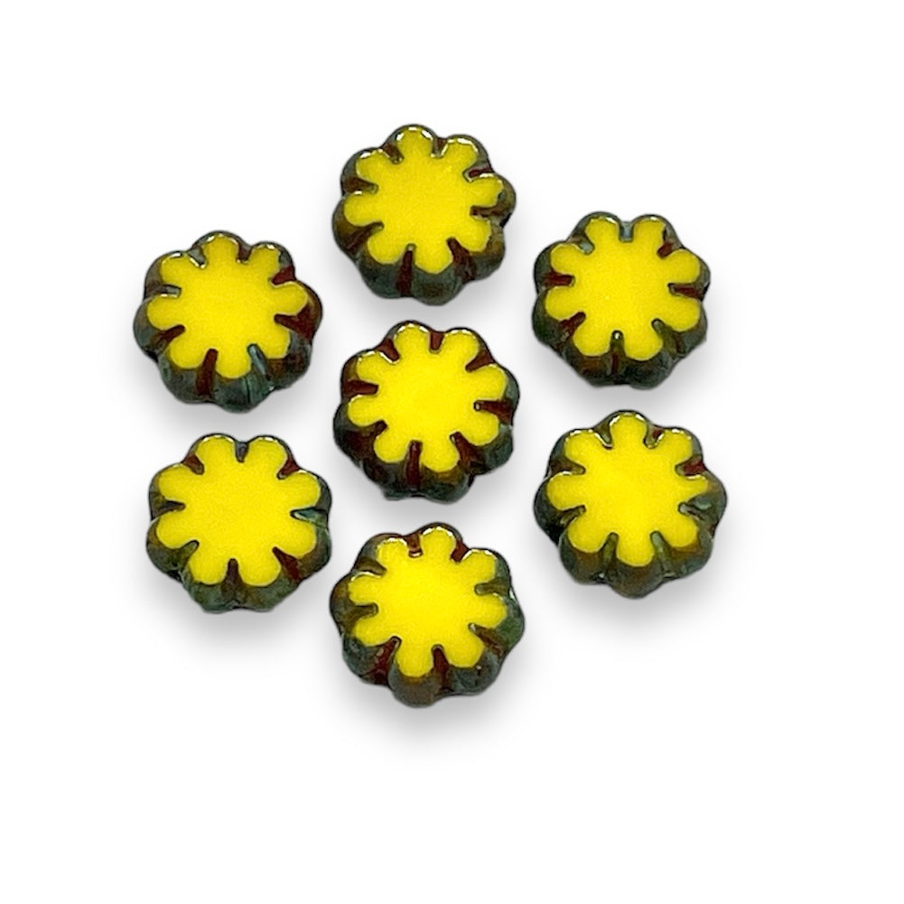 Czech glass table cut daisy flower beads 25pc yellow picasso 9mm