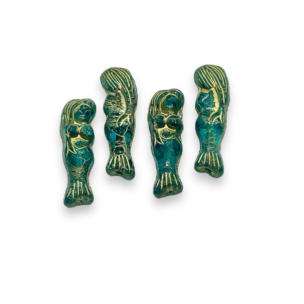 Czech glass mermaid beads 4pc teal gold wash 25mm