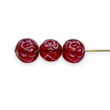 Load image into Gallery viewer, Czech glass round rosebud flower beads 15pc red pink 10mm
