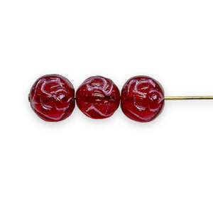 Czech glass round rosebud flower beads 15pc red pink 10mm