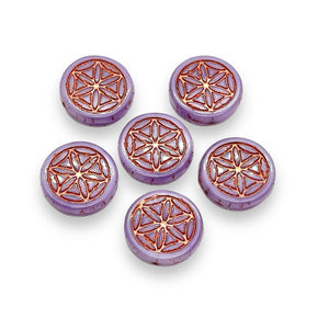 Czech glass flower of life coin beads 6pc purple copper 18mm