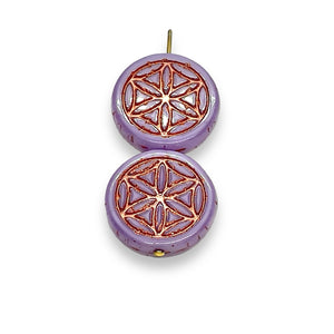 Czech glass flower of life coin beads 6pc purple copper 18mm