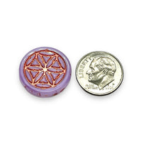 Load image into Gallery viewer, Czech glass flower of life coin beads 6pc purple copper 18mm
