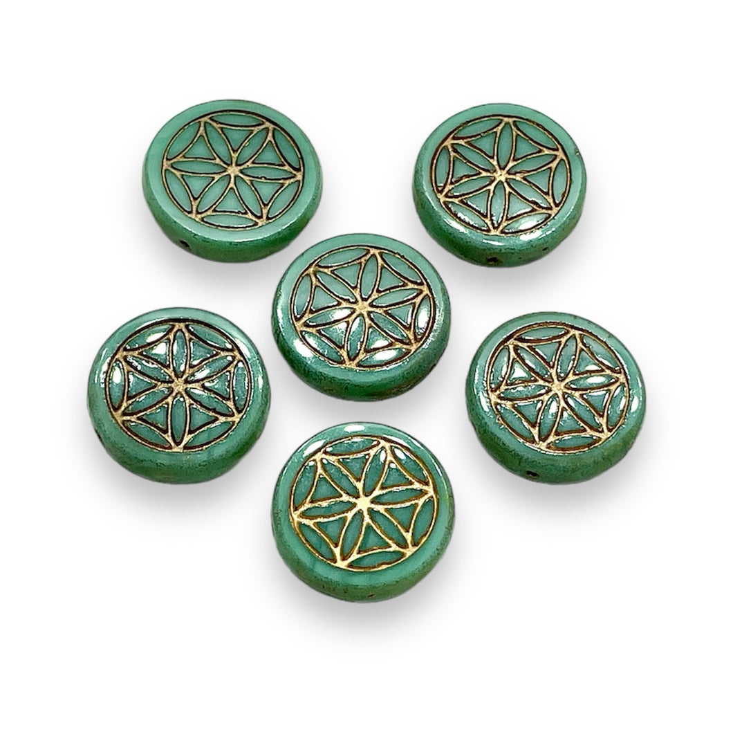 Czech glass flower of life coin beads 6pc turquoise picasso 18mm