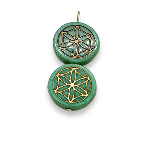 Czech glass flower of life coin beads 6pc turquoise picasso 18mm