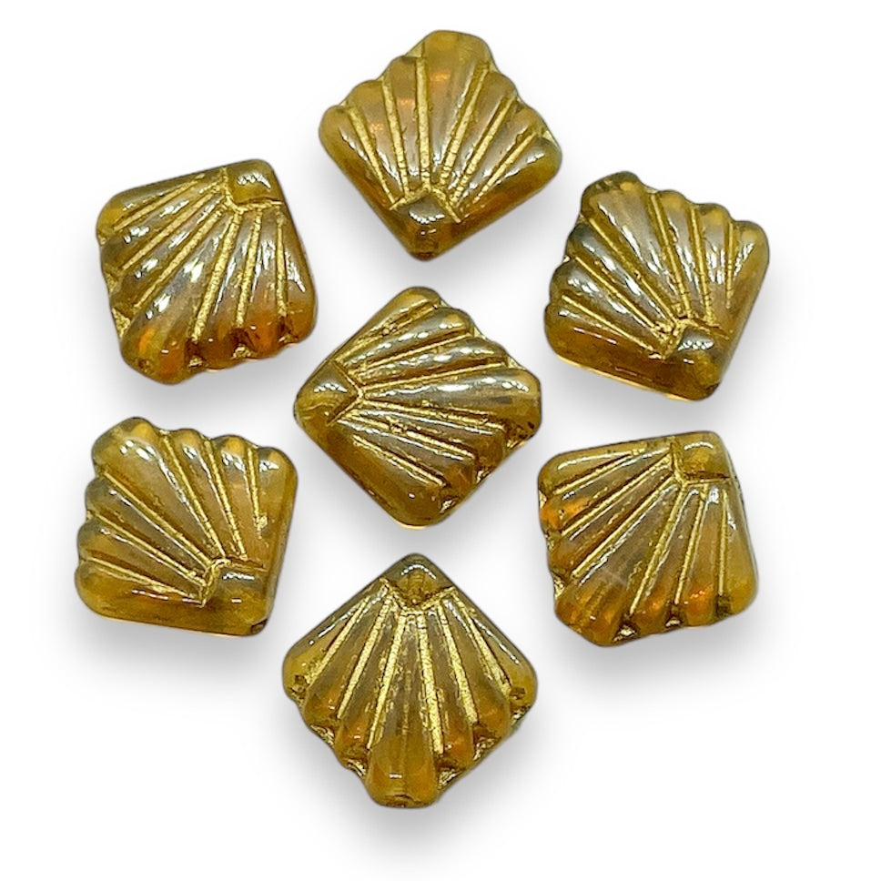 Czech glass Art Deco Diamond Fan Beads 10pc opaline caramel gold 17mm
