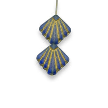 Load image into Gallery viewer, Czech glass Art Deco Diamond Fan Beads 10pc frosted blue gold 17mm
