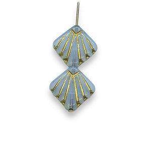 Czech glass Art Deco Diamond Fan Beads 10pc opaline blue gold inlay 17mm