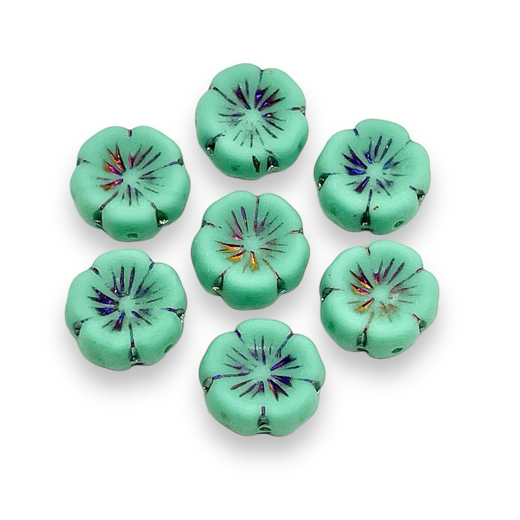 Czech glass hibiscus flower beads 10pc turquoise sliperit 14mm