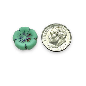Czech glass hibiscus flower beads 10pc turquoise sliperit 14mm