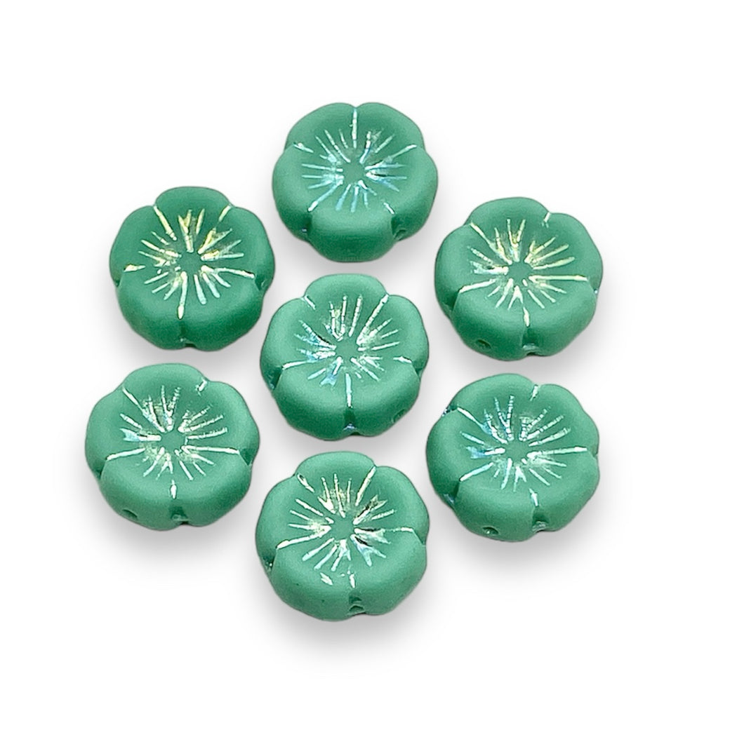 Czech glass hibiscus flower beads 10pc matte turquoise AB 14mm