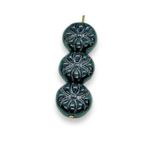 Load image into Gallery viewer, Czech glass Halloween spider coin beads 10pc black luster 13x7mm
