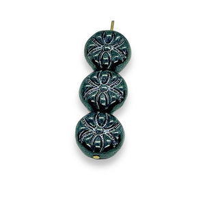 Czech glass Halloween spider coin beads 10pc black luster 13x7mm