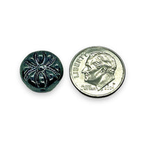 Load image into Gallery viewer, Czech glass Halloween spider coin beads 10pc black luster 13x7mm
