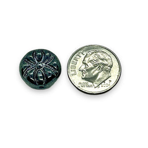Czech glass Halloween spider coin beads 10pc black luster 13x7mm