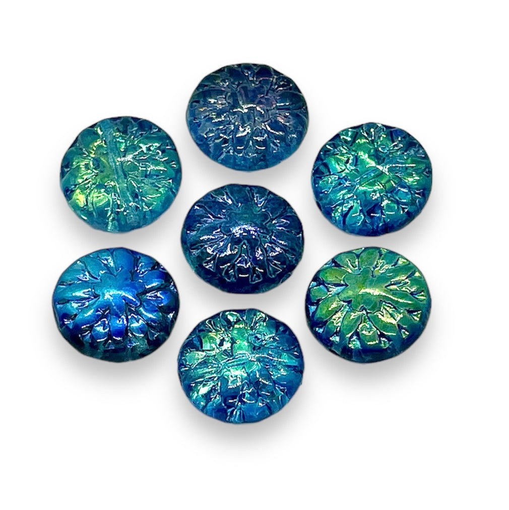 Czech glass dahlia flower beads 10pc blue green 14mm