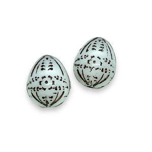 Czech glass decorated Easter egg beads 6pc white brown 14x12mm