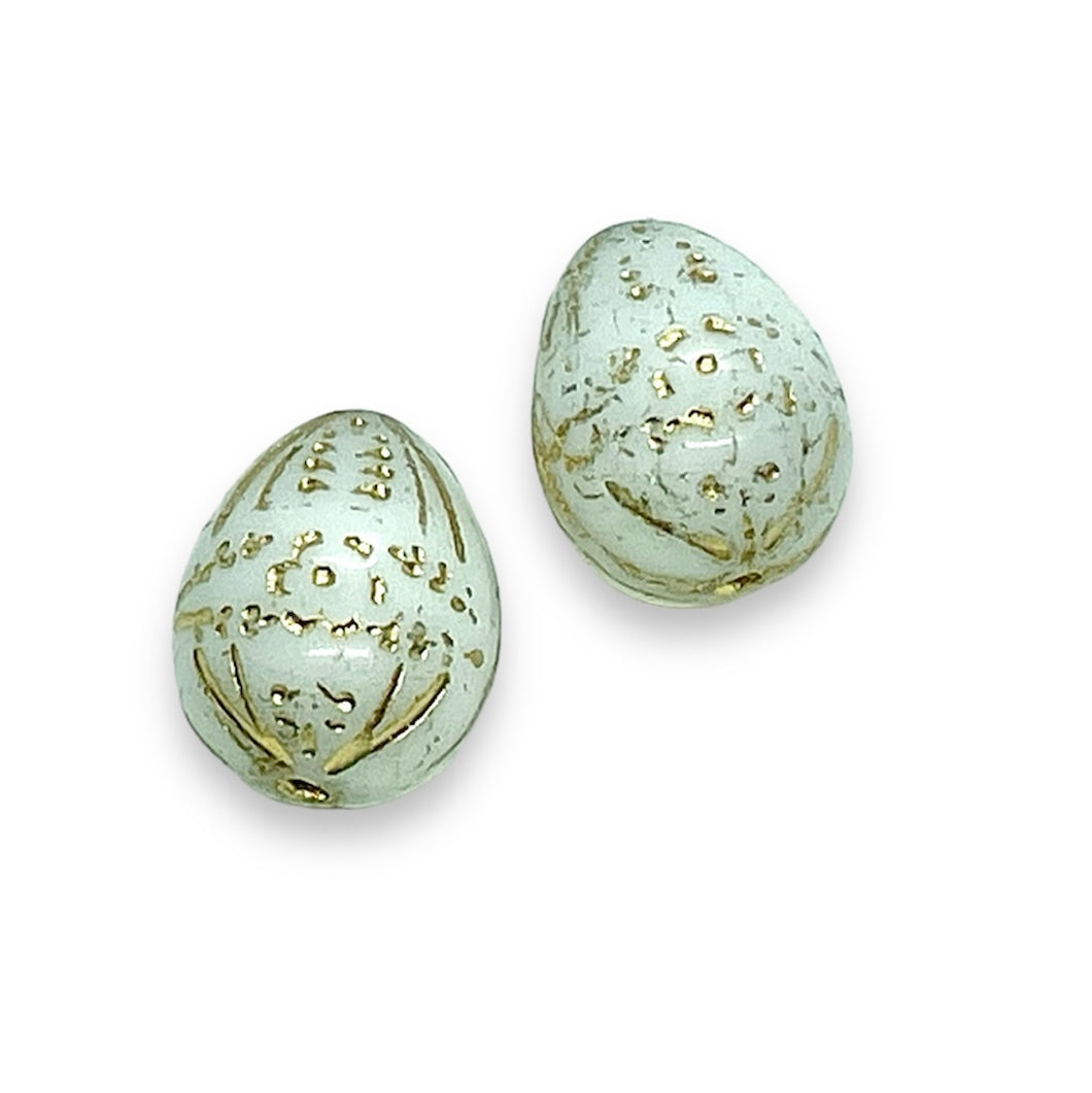 Czech glass decorated Easter egg beads 6pc white gold 14x12mm