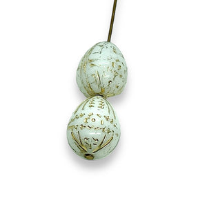 Czech glass decorated Easter egg beads 6pc white gold 14x12mm