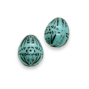 Czech glass decorated Easter egg beads 6pc blue brown 14x12mm