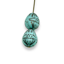 Load image into Gallery viewer, Czech glass decorated Easter egg beads 6pc blue brown 14x12mm
